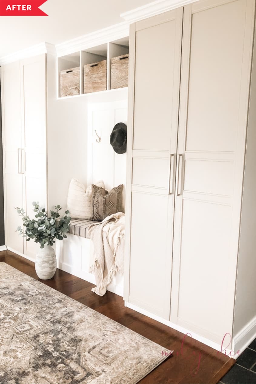 After: IKEA PAX converted to mudroom built-ins