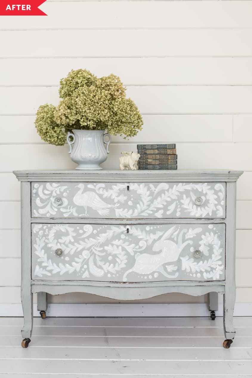 After: Gray two-drawer dresser with hand-painted pattern on drawer fronts