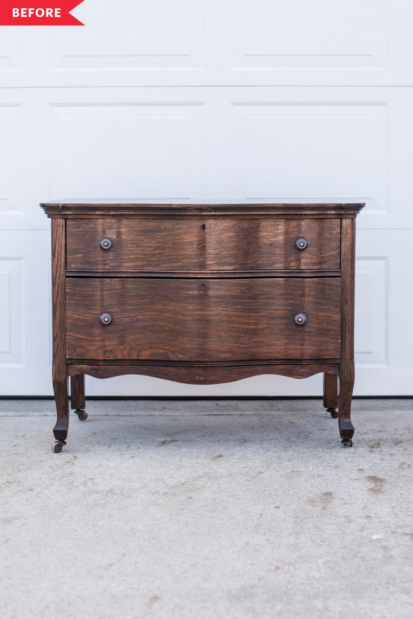 Before: Brown vintage two-drawer dresser