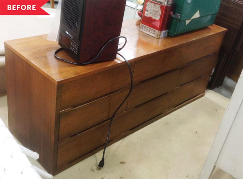 Before: Wood-tone six-drawer dresser