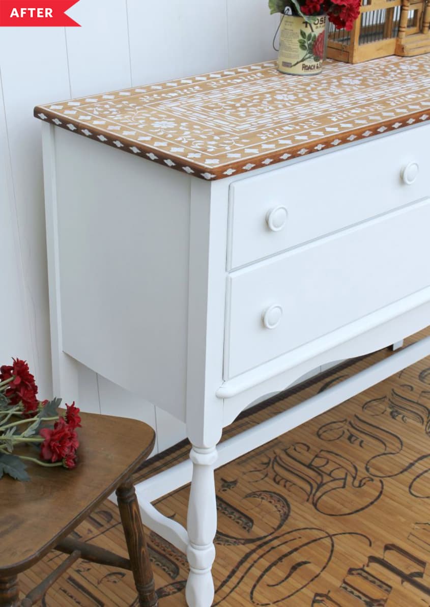 After: White dresser with stained wood top featuring faux bone inlay