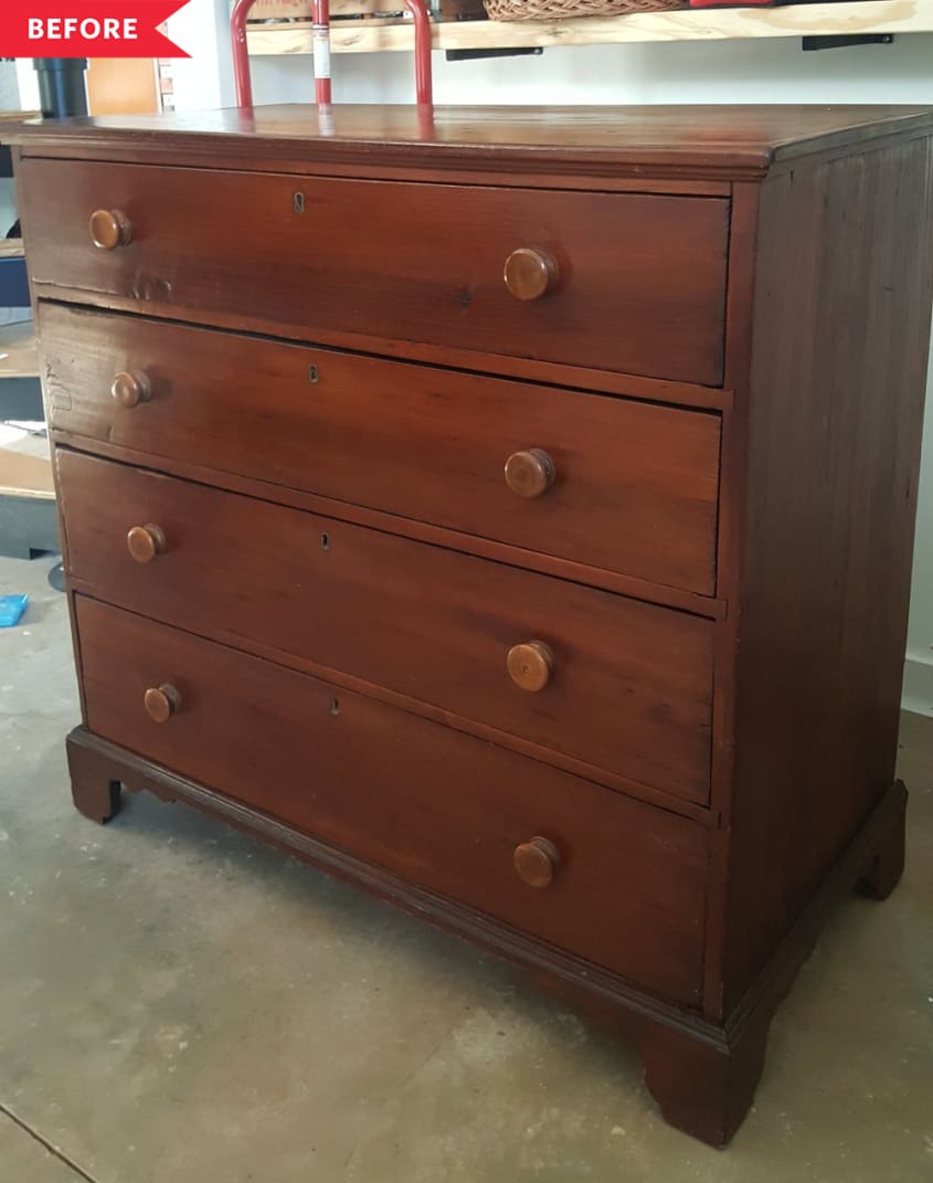 Before: Four-drawer dresser with cherry wood finish