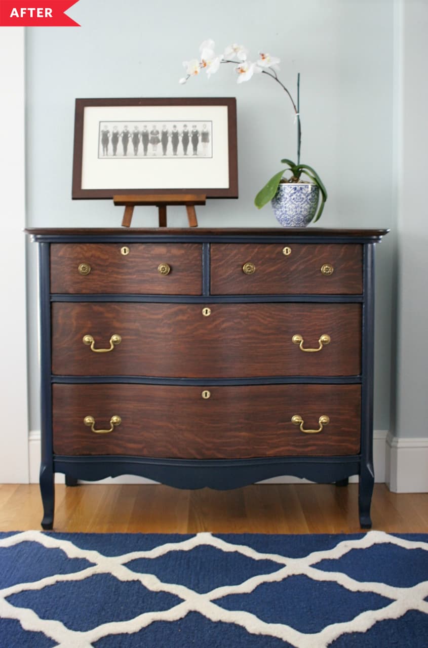 After: Dresser with stained wood drawers and a dark blue-painted frame