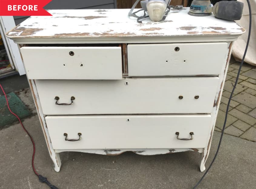 Before: Wood dresser with peeling white paint