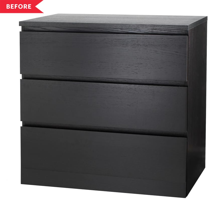 Before: Plain brown-black IKEA MALM three-drawer dresser