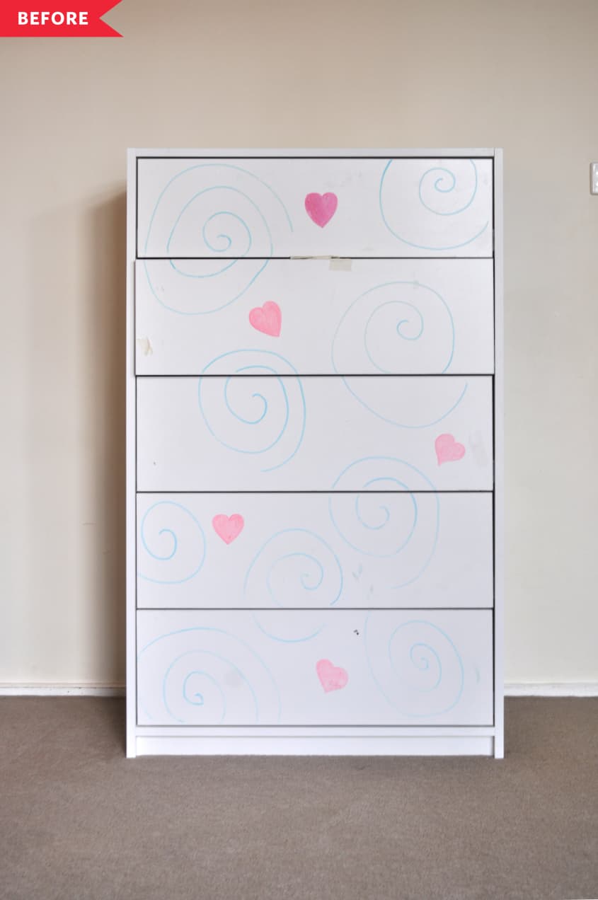 Before: White dresser with painted swirls and hearts