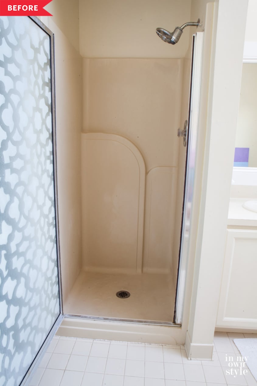 Before: Tan shower with beige floors