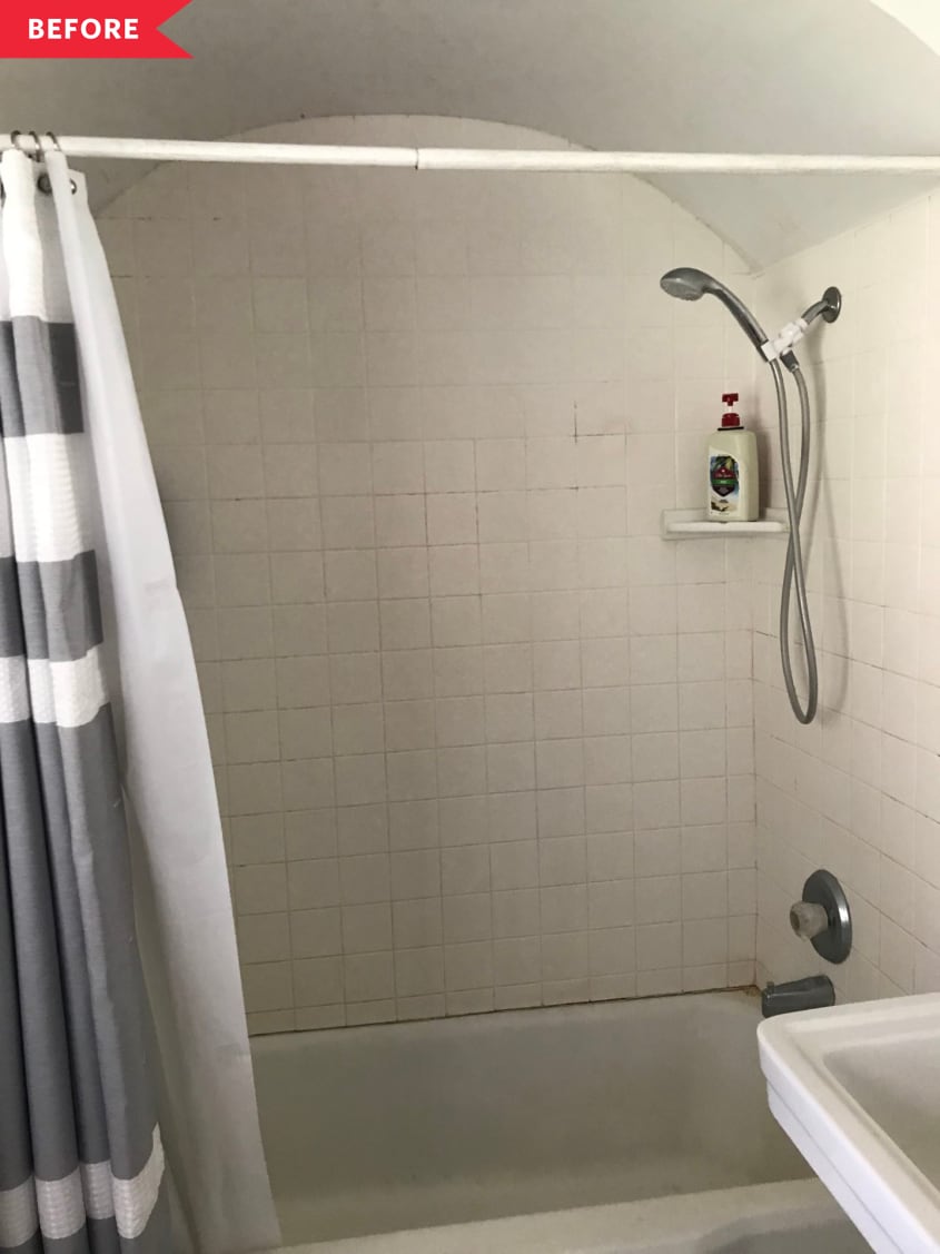 Before: dingy tiled shower
