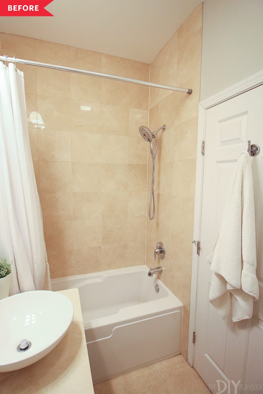Before: Tan tiled shower
