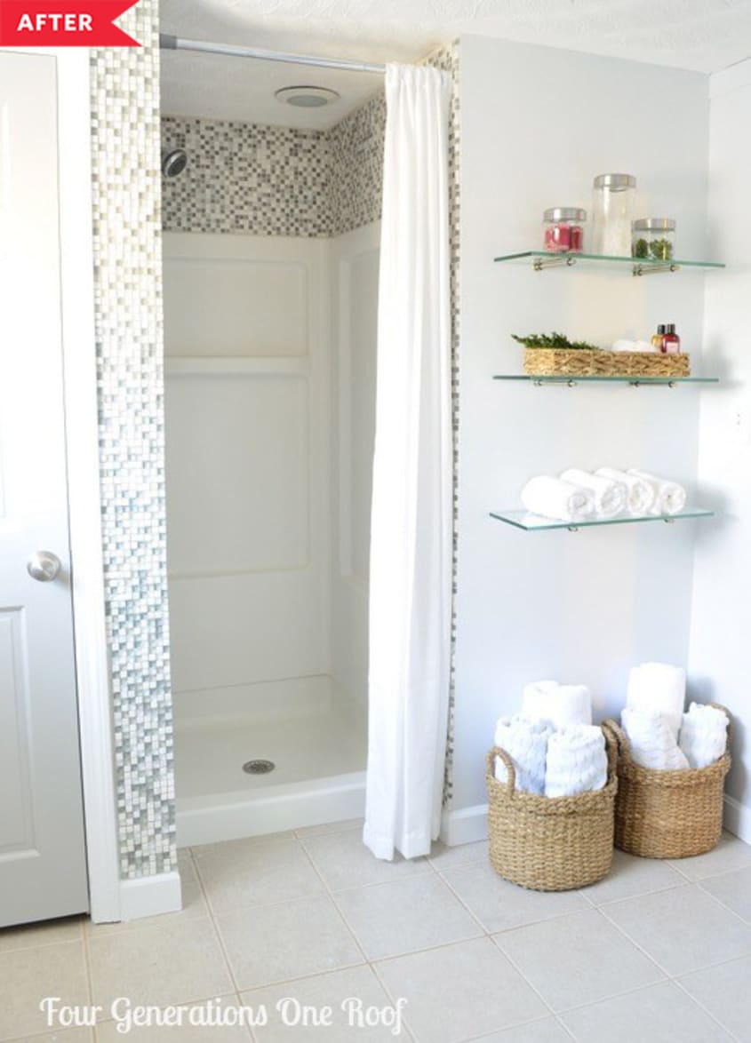 After: Gray and white tiled walk-in shower