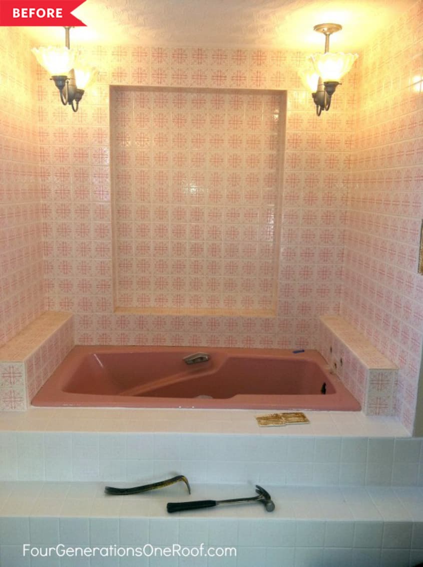 Before: Pink tiled walls with pink tub