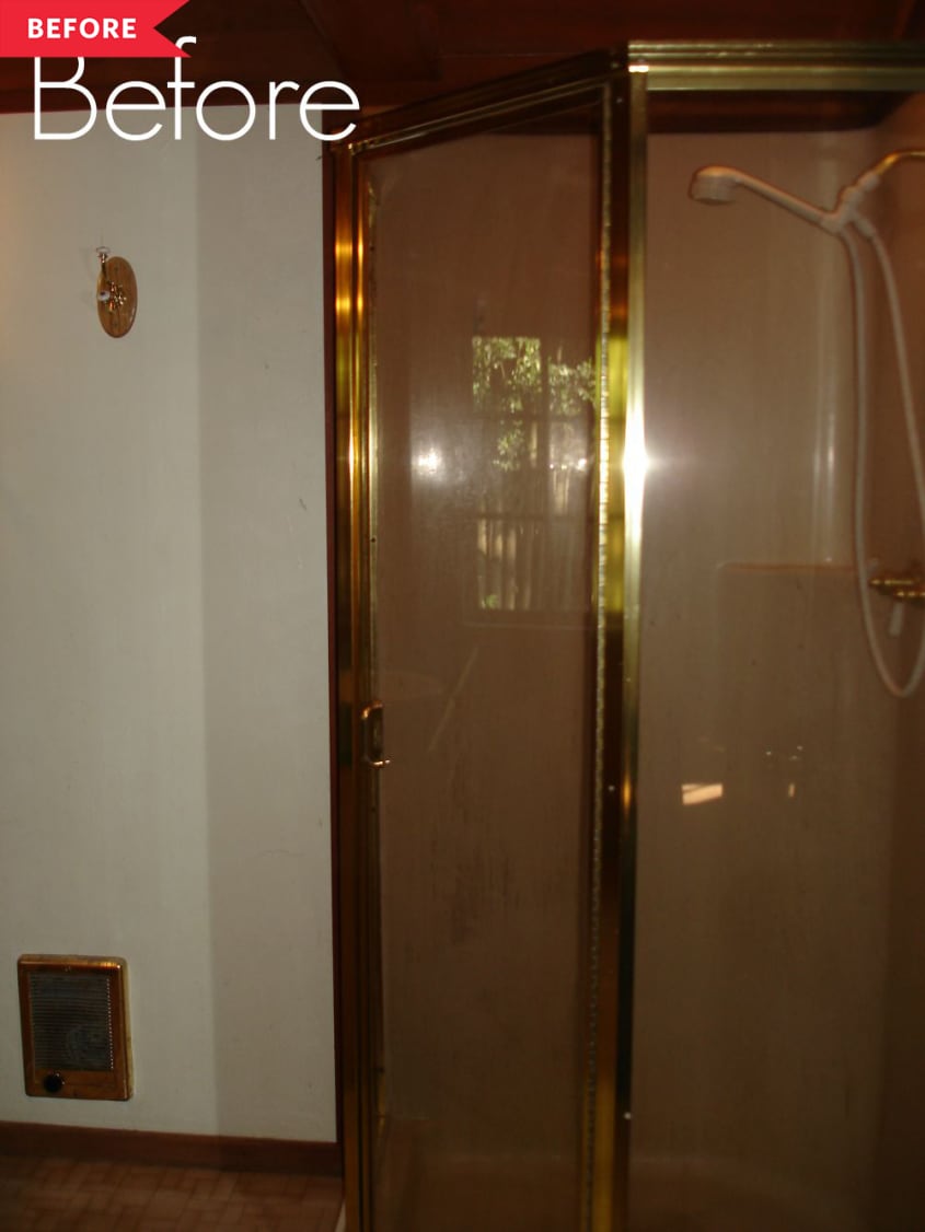 Before: Dark shower with brass and glass door