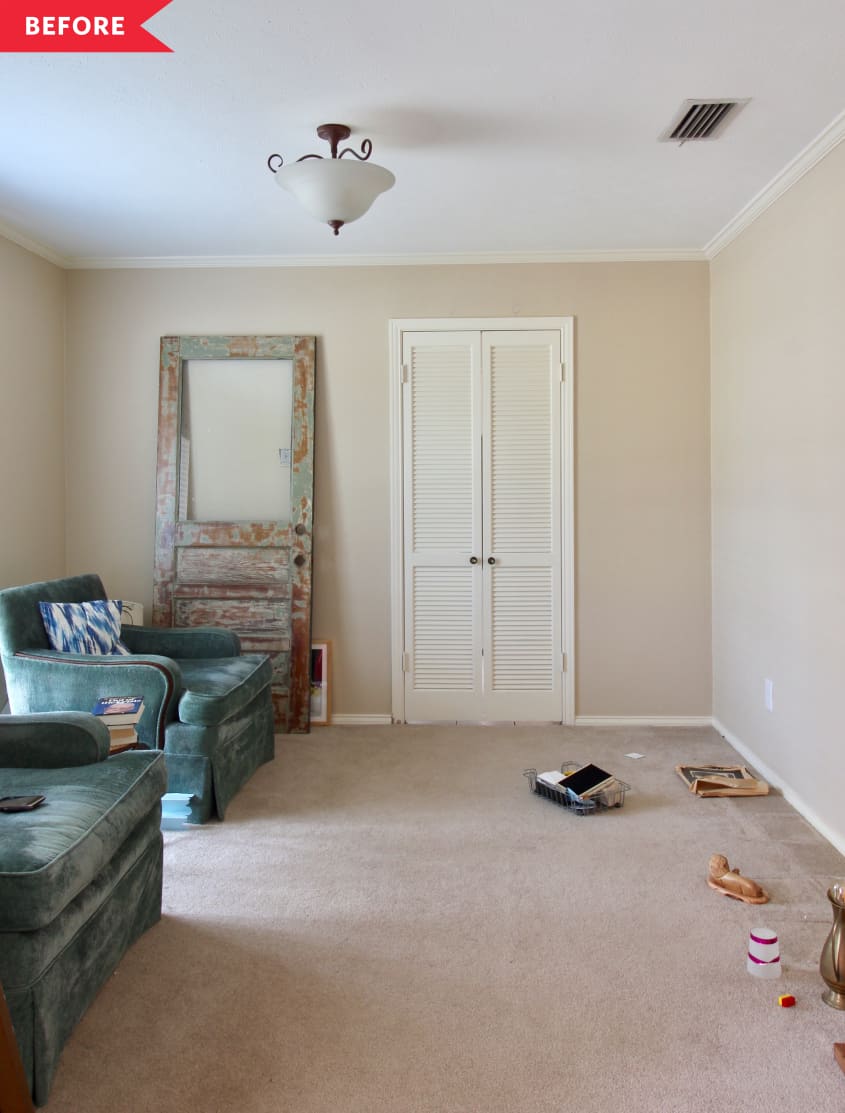 Before: beige living room with beige carpeting and semi-flushmount overhead light