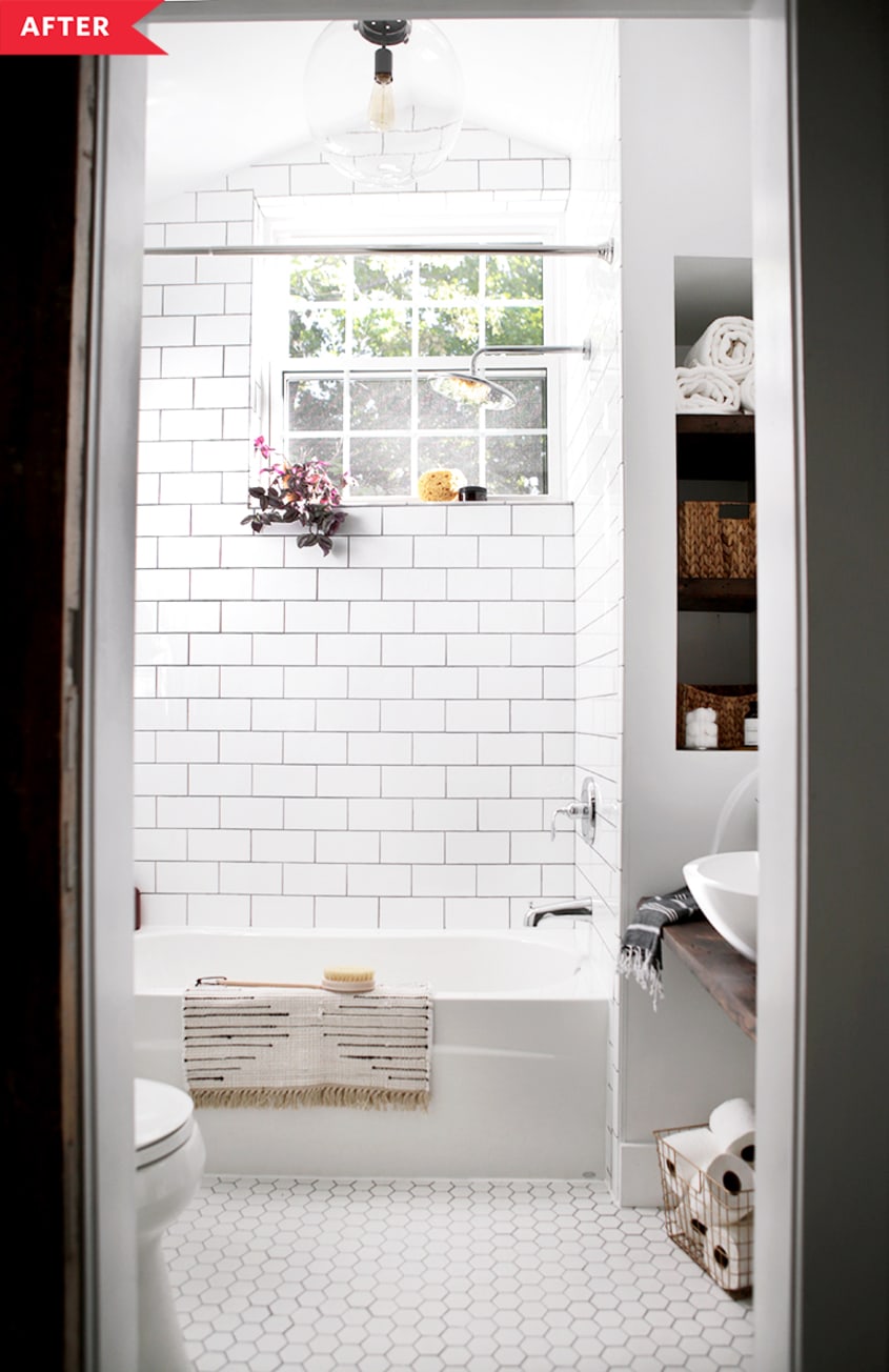 White bathroom with subway-tiled shower