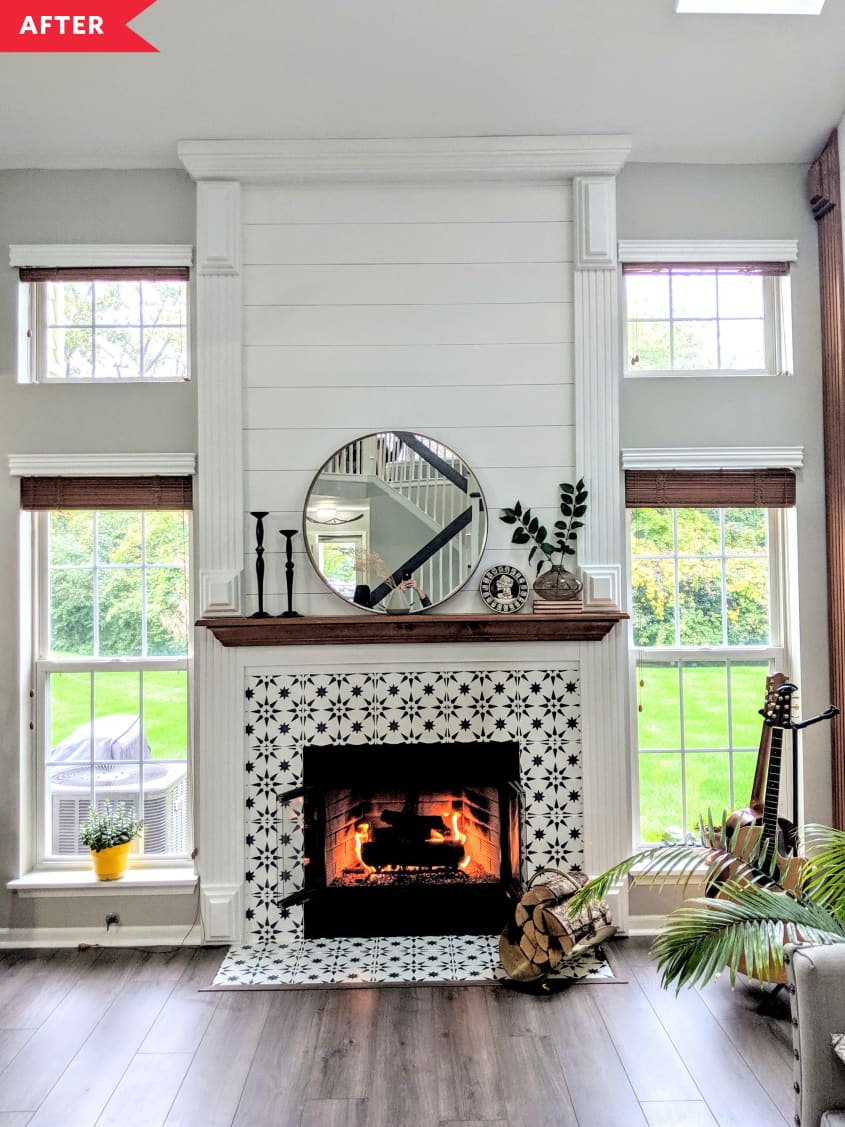 After: patterned tie fireplace with shiplap above