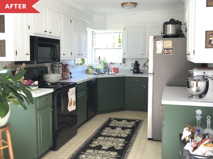 After: kitchen with green base cabinets and white upper cabinets