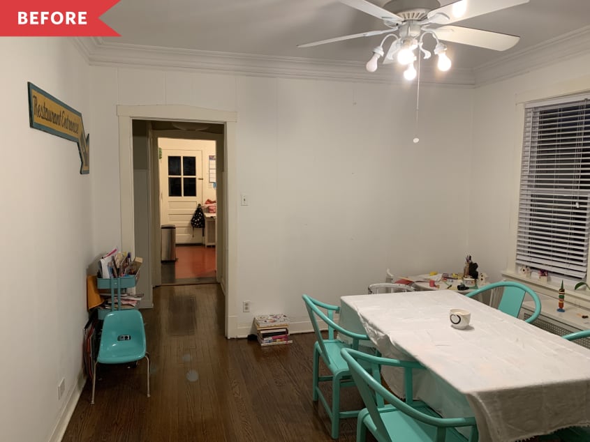 Before: dining room with white walls, bare wood floors, white ceiling fan, and too-big table