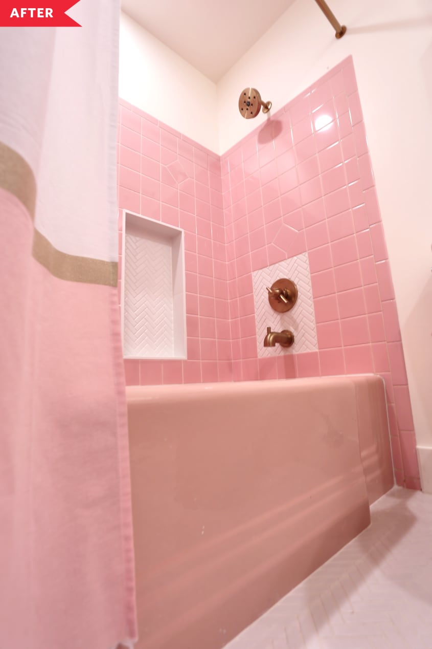 After: Pink tiled tub with white tile insets