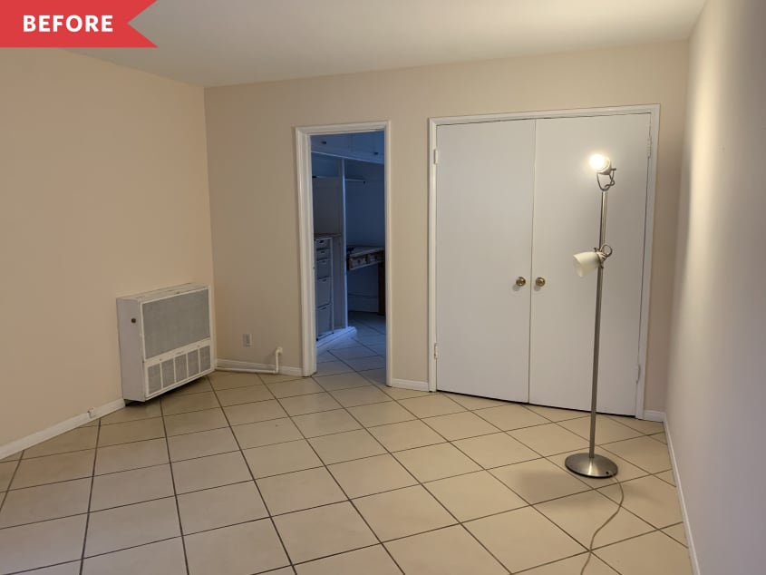 Before: bare studio with beige tile floors and beige walls