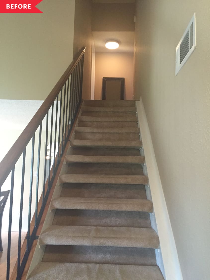 Before: Dim brown-carpeted stairs