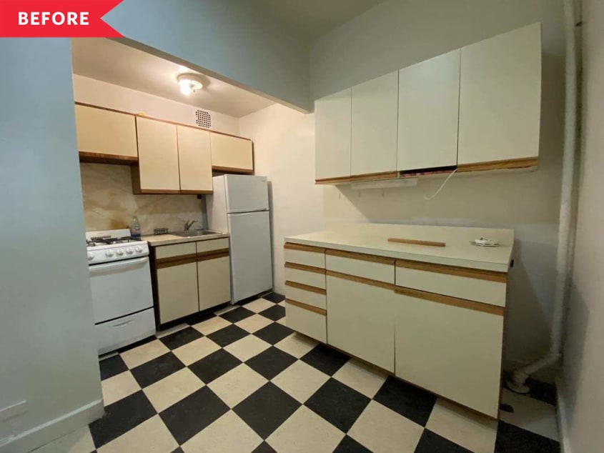 Before: Kitchen with beige cabinets and black and white floor
