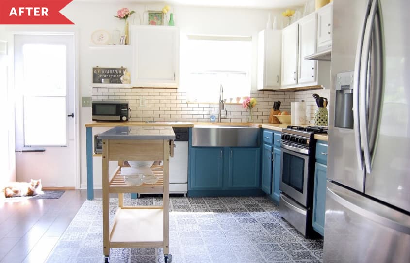 After: Kitchen with blue base cabinets and white uppers