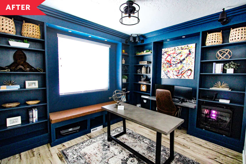 After: blue built-in bookshelves with desk space