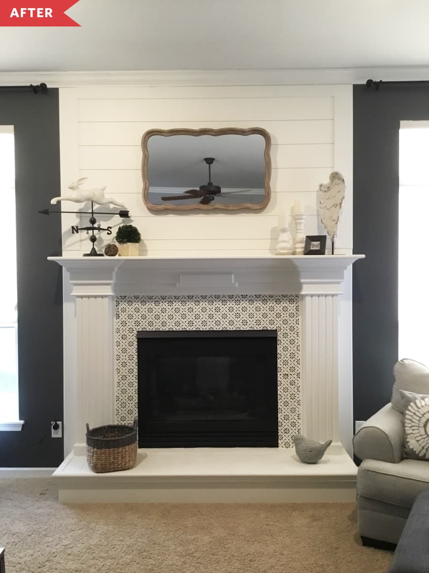 After: Fireplace with white mantle and patterned tile surround
