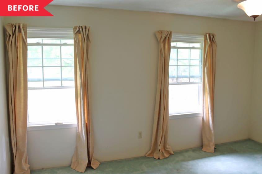 Before: bedroom with green carpet, tan walls, and gold curtains