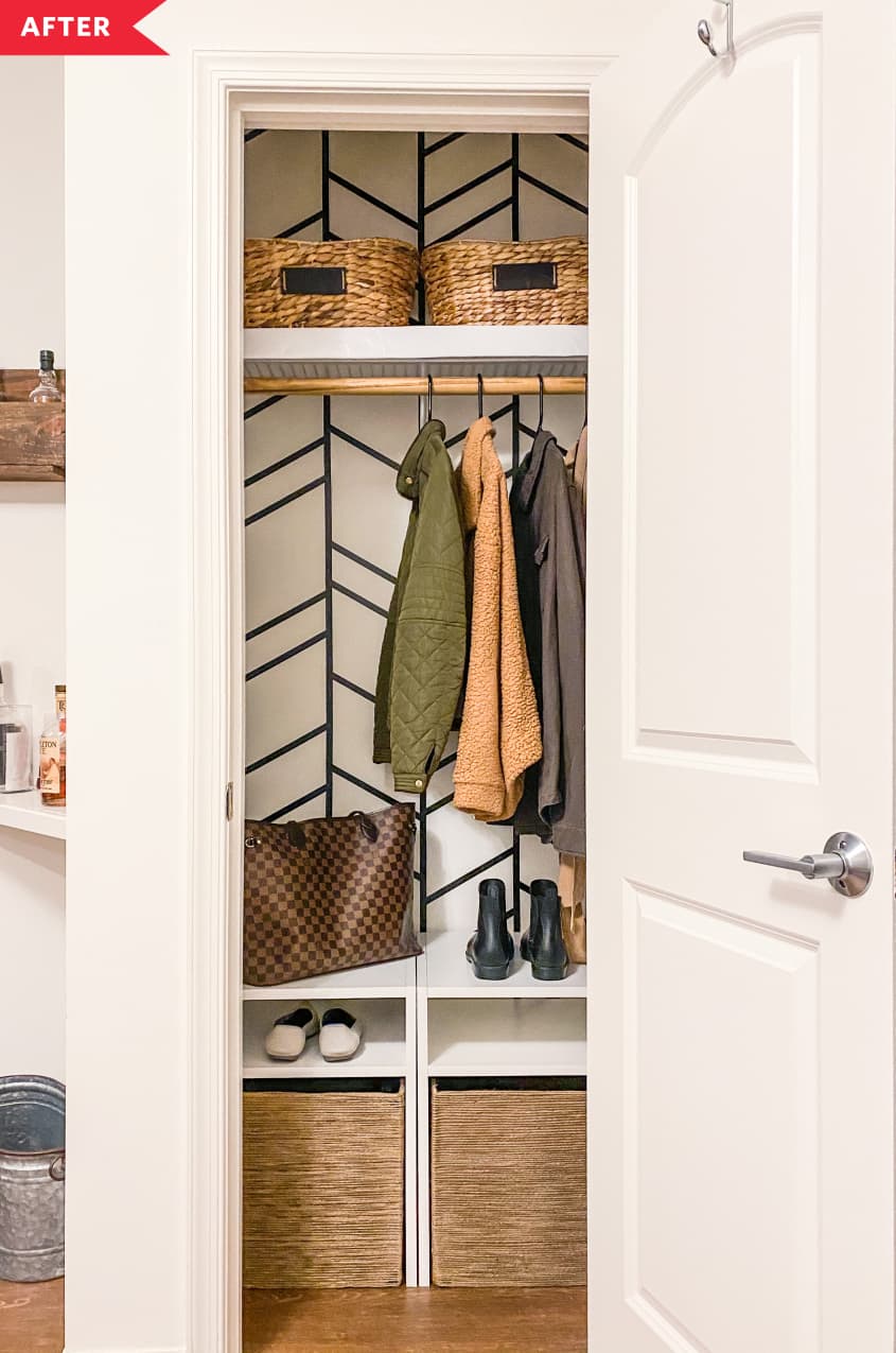 After: closet with herringbone pattern on back wall, plus shelves and baskets for storage