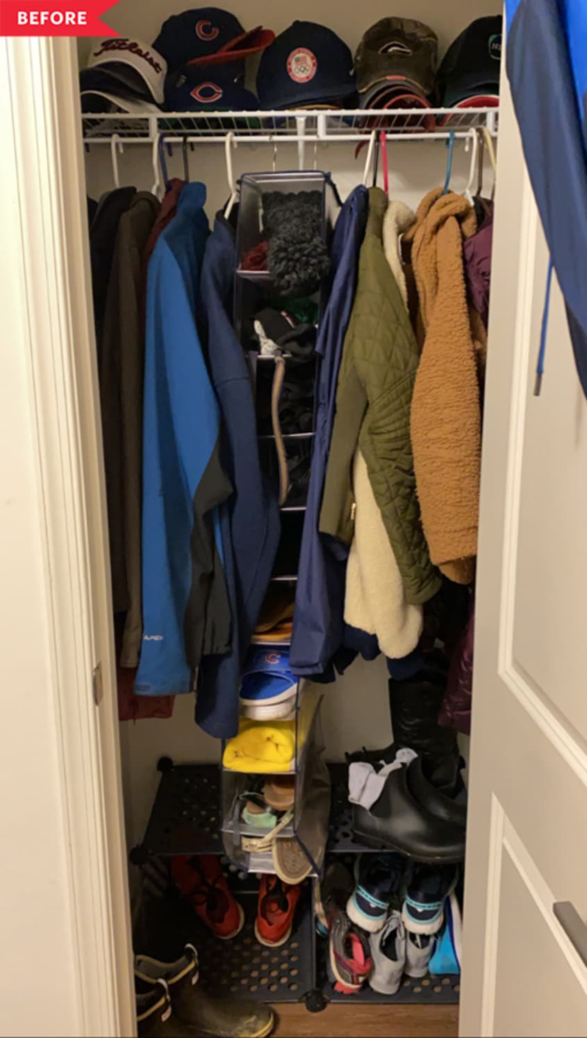 Before: crowded closet full of coats and hats