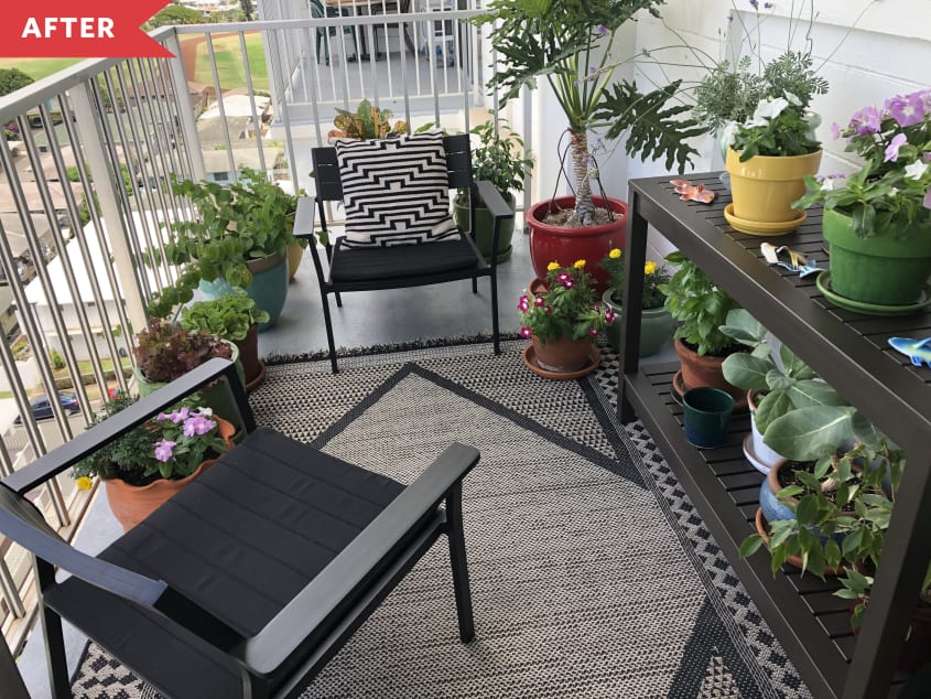 After: Balcony with seating, layered rugs, and a shelf full of plants