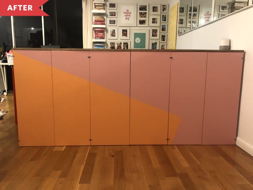 After: Upscaled cabinets painted pink and orange