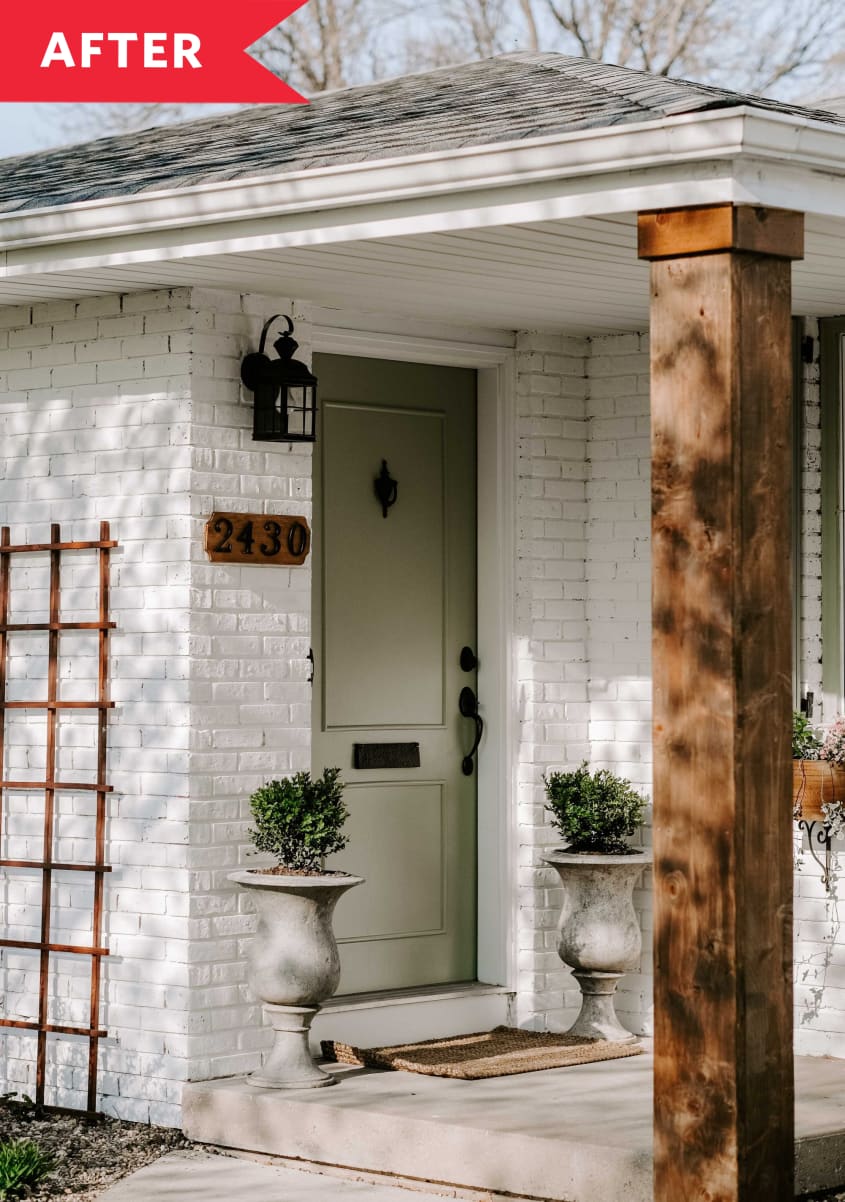 After: Styled entryway with painted white brick exterior