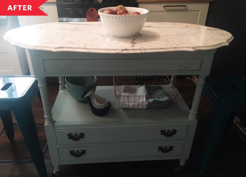 After: Bar cart painted light blue with marble top