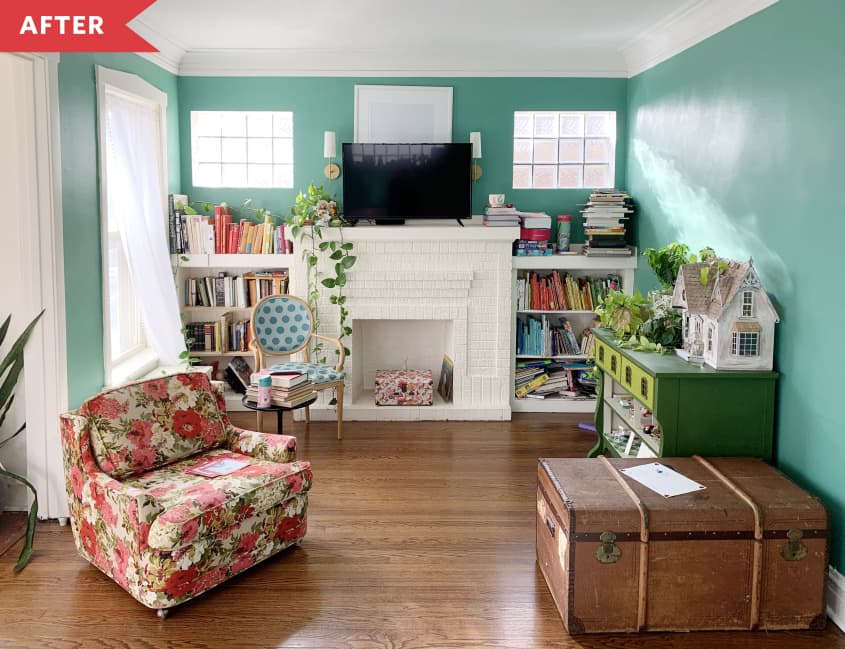 Living room after: TV above fireplace