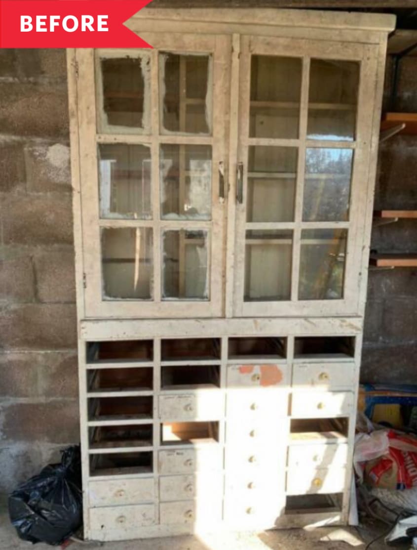 Before: Run-down china cabinet with paint on glass and drawers missing
