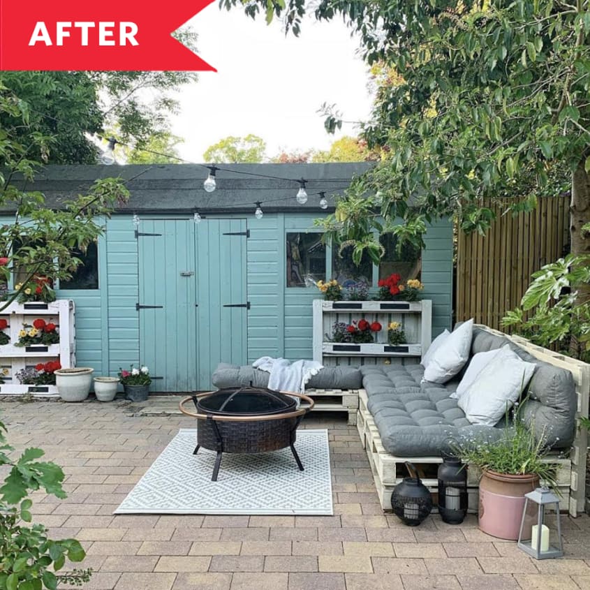 After: Cozy, furnished patio with string lights