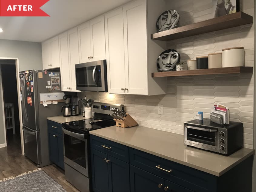 After: Kitchen with white upper cabinets, blue lower cabinets, and stainless steel appliances