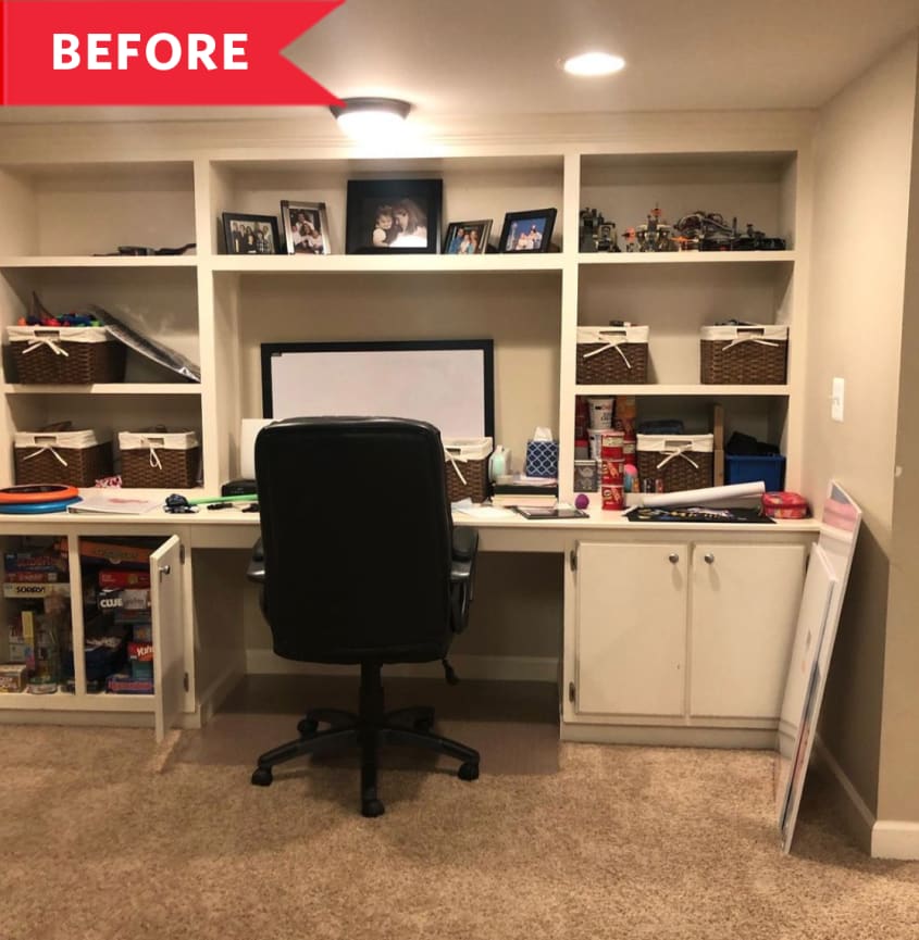 Before: White built-in desk in office with beige walls