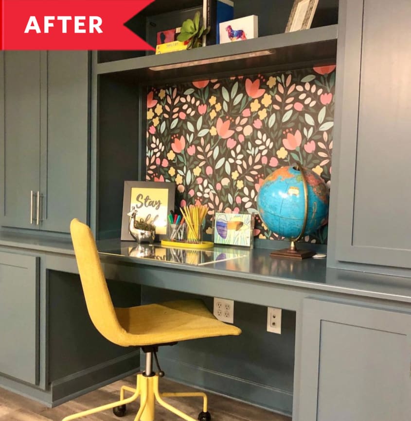 After: Built-in desk painted gray-green with floral wallpaper behind