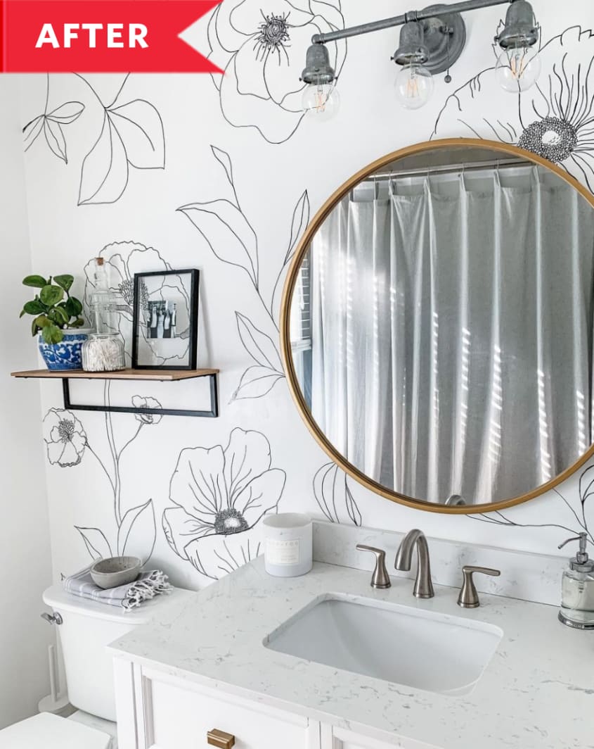 After: Bathroom with black and white floral statement wall