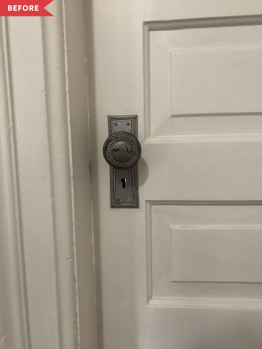 Before: tarnished doorknob on a white door