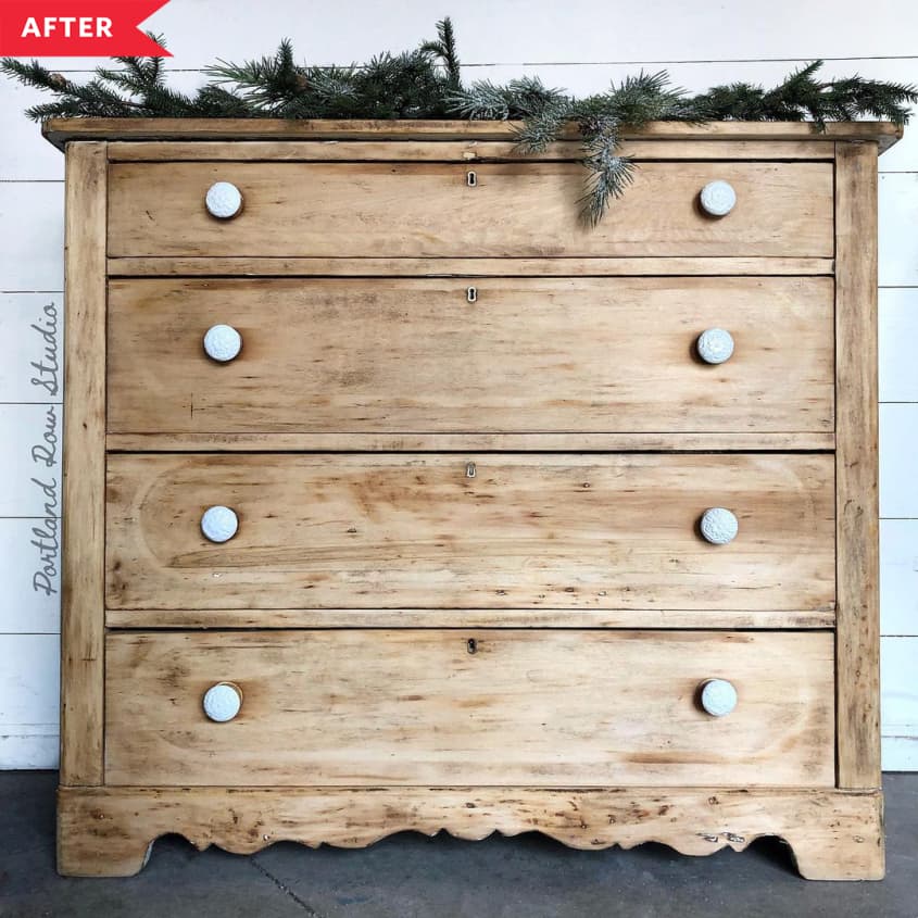 After: Wood dresser with white knobs