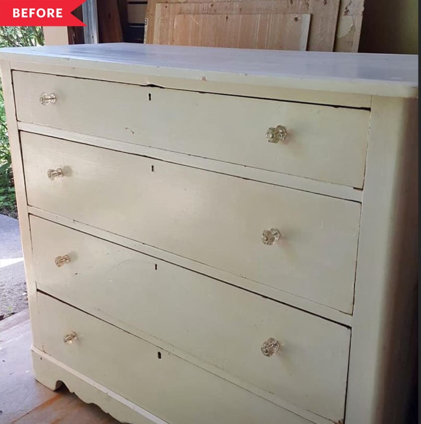 Before: dresser painted white with clear knobs