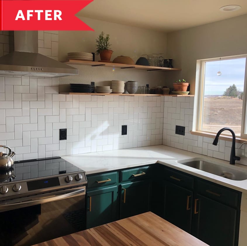 After: Kitchen with green cabinets, white tile backsplash, and open shelving in corner