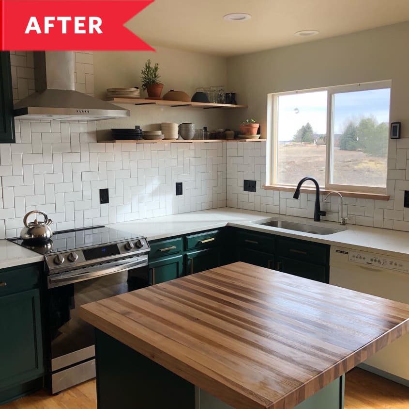 After: Large square island with butcher block countertop in center of kitchen