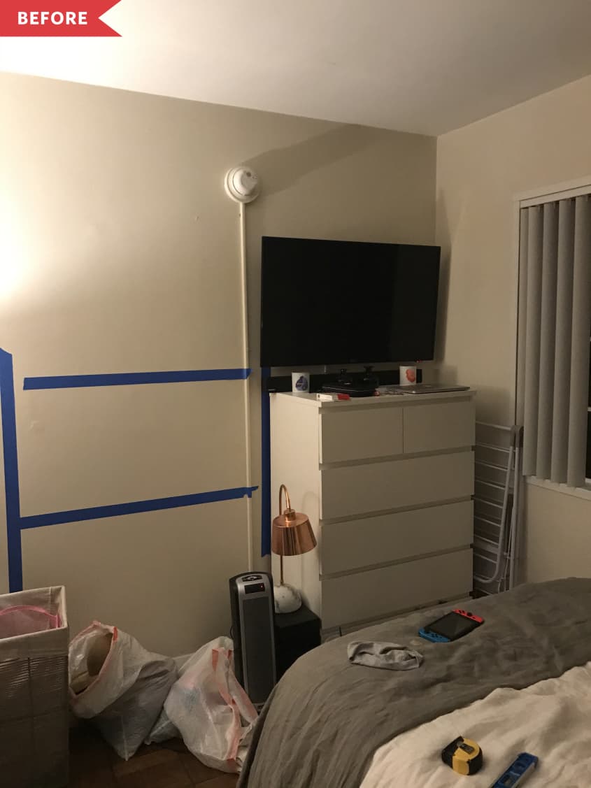 Before: cluttered guest room with white dresser