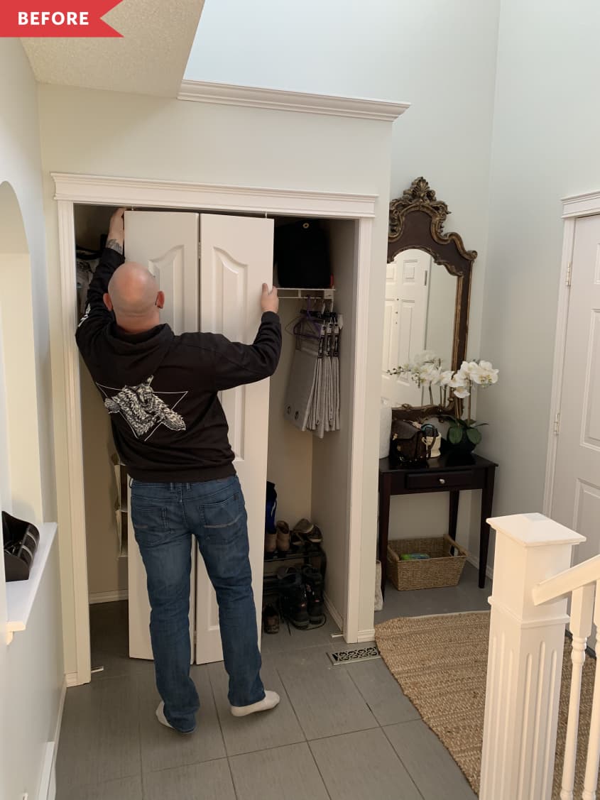 Before: Man removing doors from hall closet