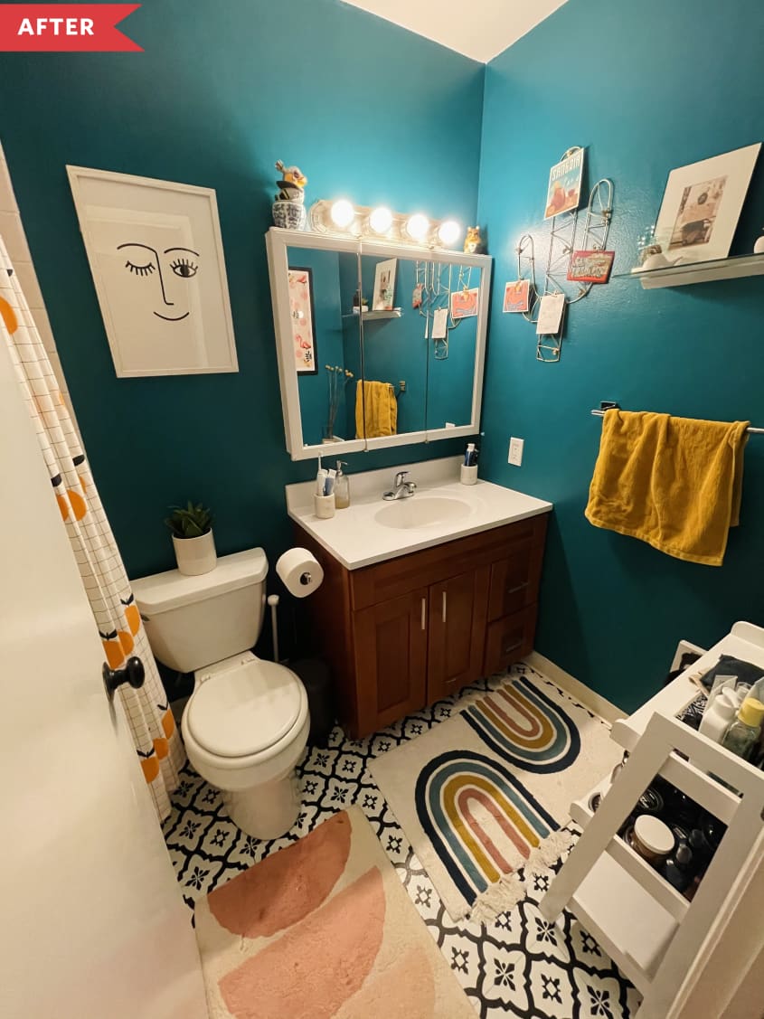 After: Teal bathroom with patterned floor tile and whimsical artwork.